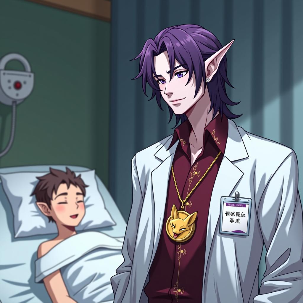  manga style in the hospital room, dr. ringo, a young mature dark elf man with marble white skin, purple hair, ringo wears a disheveled medium length hairstyle, pointed tips of ears, lavender eyes, is dressed in a burgundy shirt with gold embroidery, in addition, he is wearing a white medical coat. attached to the top of the left breast pocket is a medium sized rectangular badge made of transparent plastic, inside which is a medium sized piece of paper with his name on it, and ringo also has a medium sized silver moon shaped earring in his right ear. he wears a gold chain with a medium sized gold medallion around his neck. the medallion depicts a maliciously grinning fox face. he stood close to the hospital bed and excitedly watched his youn