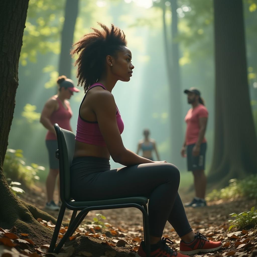  create a picture of health presentation, in the center bottom right is a beautiful, young woman of african descent in sitting on a chair pose. in the background you can see other athletes of different genders and origins in a forest. hyperrealistic, full body, detailed clothing, highly detailed, cinematic lighting, stunningly beautiful, intricate, sharp focus, f/1. 8, 85mm, (centered image composition), (professionally color graded), ((bright soft diffused light)), volumetric fog, trending on instagram, trending on tumblr, HDR 4K, 8K