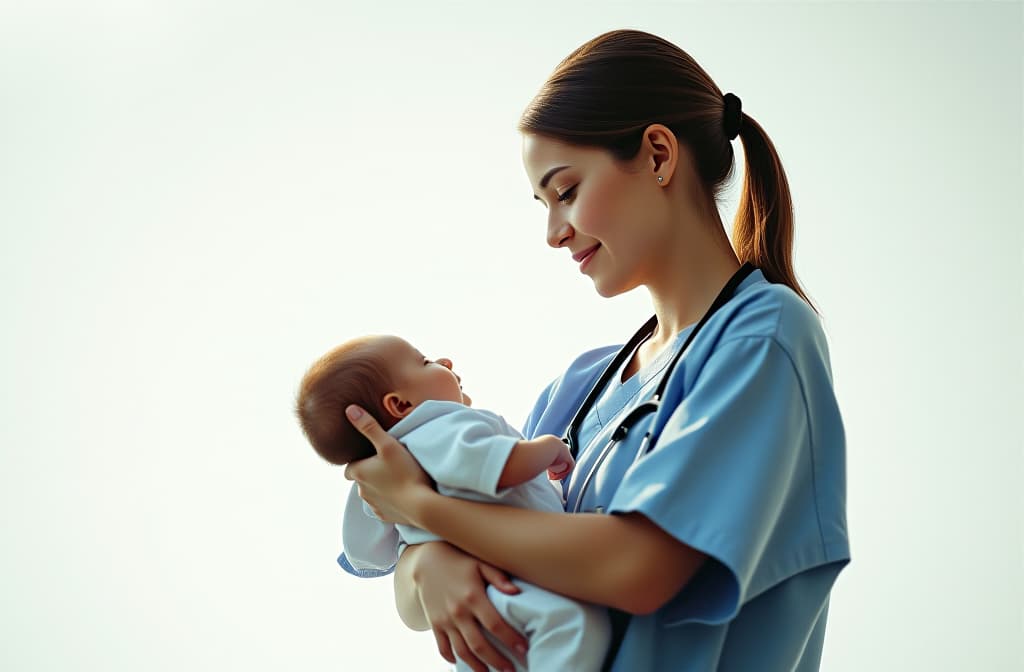  professional detailed photography, girl doctor holding a baby in her arms, in medical clothes, on a white background, sunny day ar 3:2, (muted colors, dim colors, soothing tones), (vsco:0.3)