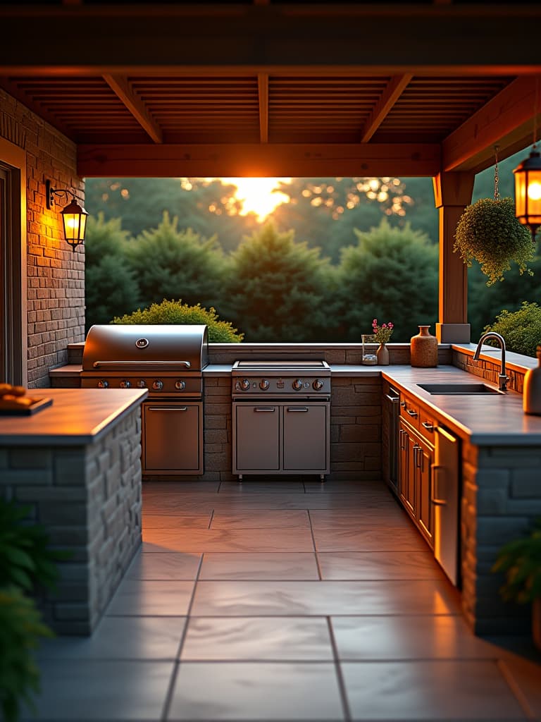  high quality portrait photo of a luxurious outdoor kitchen patio with a state of the art grill, stone countertops, and ambient lighting, surrounded by lush greenery, shot from a low angle during golden hour hyperrealistic, full body, detailed clothing, highly detailed, cinematic lighting, stunningly beautiful, intricate, sharp focus, f/1. 8, 85mm, (centered image composition), (professionally color graded), ((bright soft diffused light)), volumetric fog, trending on instagram, trending on tumblr, HDR 4K, 8K