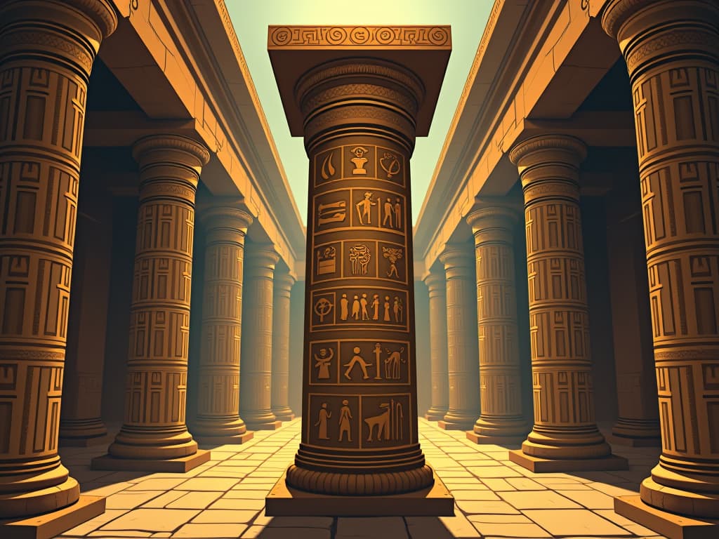  pillar in an ancient temple, covered in intricate, diverse hieroglyphs, symbolizing the necessity of diversification in strategy. the style is digital art illustration / modern comic book / mysterious occult, symbolic, esoteric vibe,high detail on character design, incorporating ancient egyptian symbology and attire.