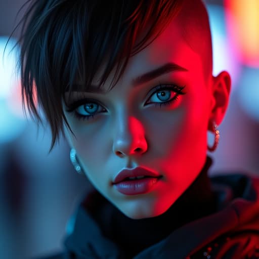  ultra realistic close up portrait ((beautiful pale cyberpunk female with heavy black eyeliner)), blue eyes, shaved side haircut, hyper detail, cinematic lighting, magic neon, dark red city, canon eos r3, nikon, f/1.4, iso 200, 1/160s, 8k, raw, unedited, symmetrical balance, in frame, 8k hyperrealistic, full body, detailed clothing, highly detailed, cinematic lighting, stunningly beautiful, intricate, sharp focus, f/1. 8, 85mm, (centered image composition), (professionally color graded), ((bright soft diffused light)), volumetric fog, trending on instagram, trending on tumblr, HDR 4K, 8K