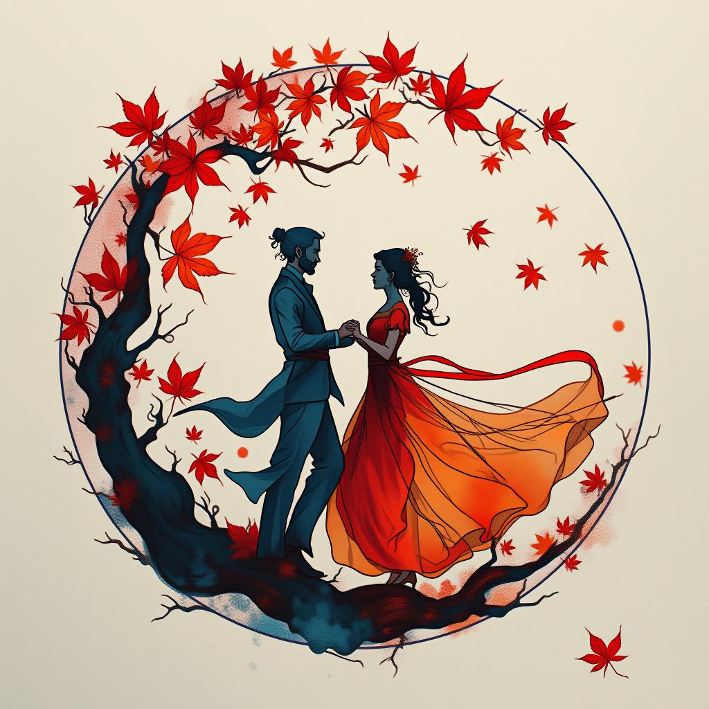  (drawing in red, blue and orange ink, double exposure:1.4). in the center of the circle is the silhouette of a dancing couple. flying maple leaves. (crystal, flowing silk:1.3). ornate, romantic, elegant, refined. rococo style. high detail, high grace and precision of execution.