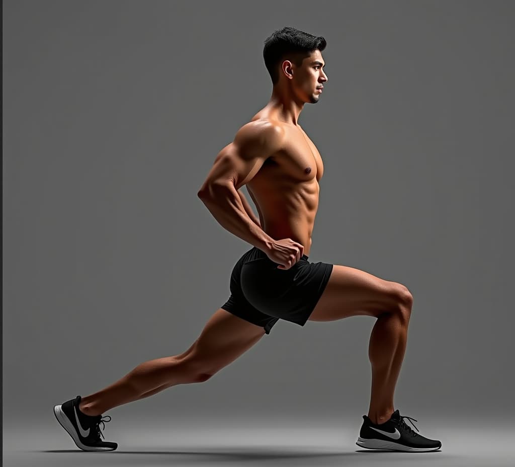  a fitness model holding a dynamic lunge position, with defined leg muscles and a strong, stable posture.