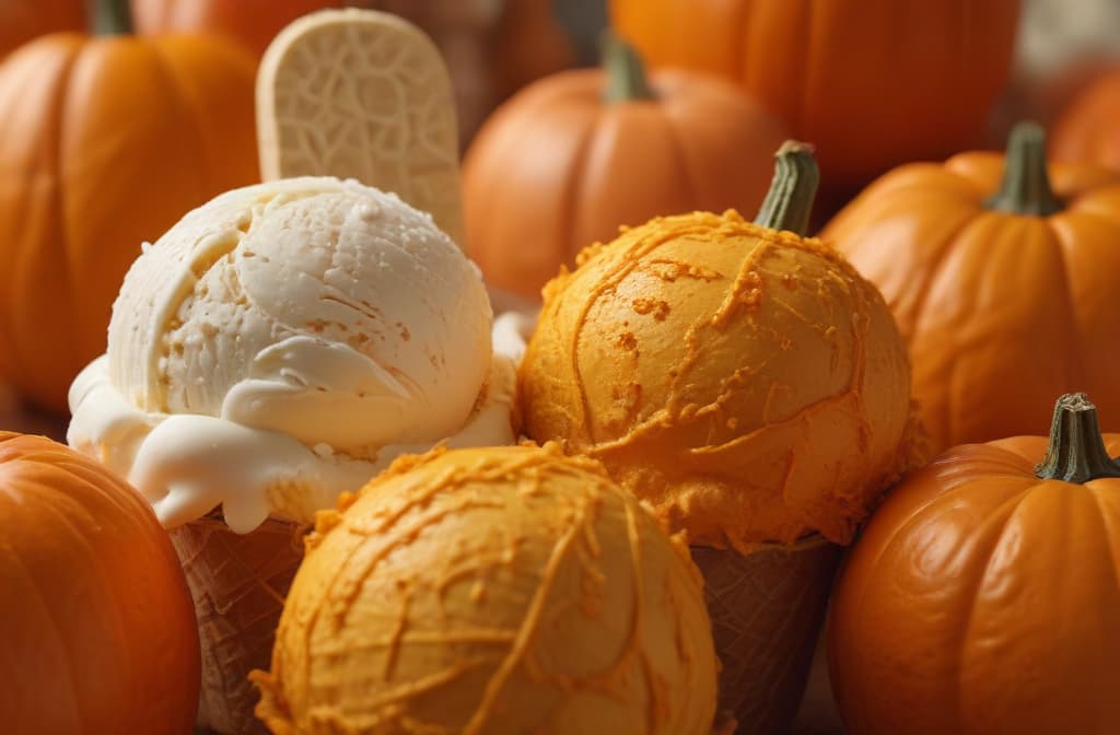 ice cream decorated with pumpkin --ar 3:2 high quality, detailed intricate insanely detailed, flattering light, RAW photo, photography, photorealistic, ultra detailed, depth of field, 8k resolution , detailed background, f1.4, sharpened focus