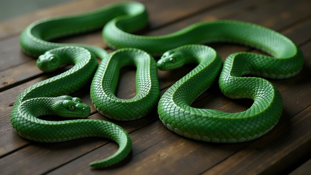  epic realistic, hyperdetailed, (cycles render:1.3), caustics, (glossy:0.58), (artstation:0.82),volumetric numbers 2025 in the form of green snakes on a wooden background.