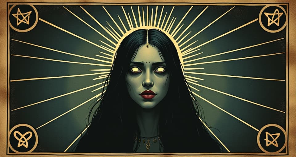  radiant symbol, glowing eyes, determined expression, fate, destiny. an illustration in the style of a worn, mystical old tarot trump card, mysterious and elements of surrealism. the colors are muted, somber and eerie, but with contrast bring out an occult and esoteric vibe.