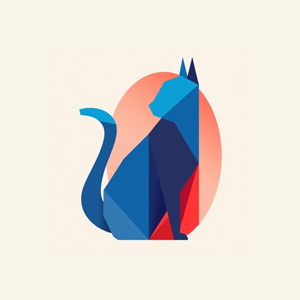  design a logo, in a origami style. minimalistic logo of a cat, blue and red background