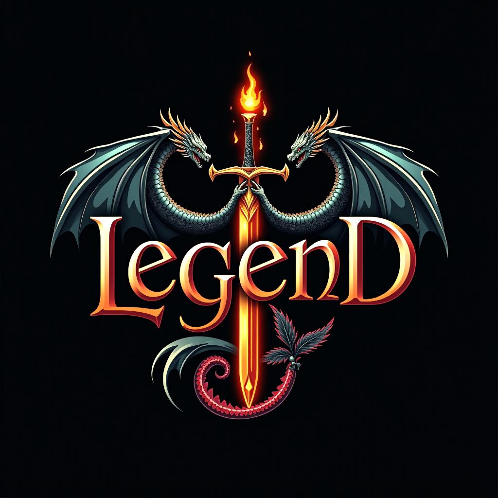  design a logo, custom sticker design on an isolated black background with the words ‘legend’ in bold font decorated by mythical dragons and a flaming sword