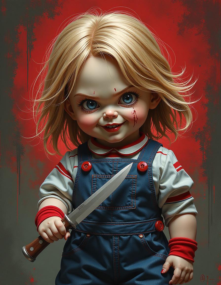  advertising poster style (masterpiece, oil painting:1.4), Сomic book style. a children's scary doll "daisy" with a knife, sparse hair and evil eyes from horror movies. high resolution. high detail. increased attention to small details . professional, modern, product focused, commercial, eye catching, highly detailed