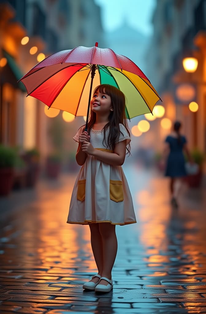  “a cute young standing in the rain, holding a colorful umbrella. the scene is set in a dreamy, mesmerizing environment with soft, glowing streetlights reflecting off cobblestone streets. the rain is gently falling, creating ripples in small puddles around her feet. the ’s dress is fluttering slightly in the breeze, and her expression is one of pure joy, with a smile as she looks up at the raindrops. the background features a blurred cityscape with warm, golden hues, adding to the enchanting atmosphere.” hyperrealistic, full body, detailed clothing, highly detailed, cinematic lighting, stunningly beautiful, intricate, sharp focus, f/1. 8, 85mm, (centered image composition), (professionally color graded), ((bright soft diffused light)), volumetric fog, trending on instagram, trending on tumblr, HDR 4K, 8K