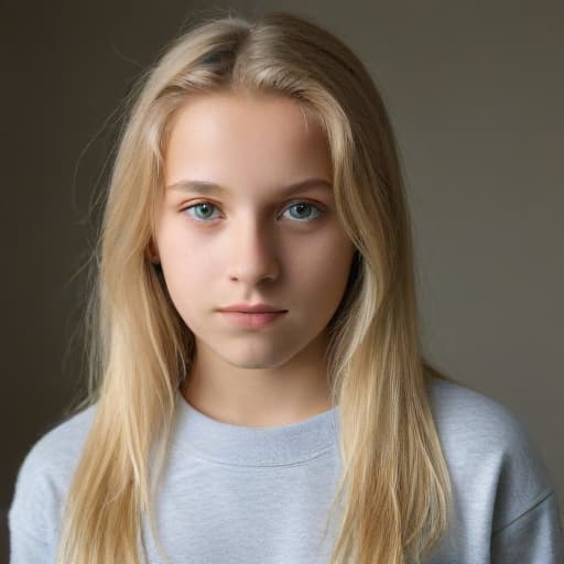 Portrait, jeune fille, blonde aux yeux verts, cheveux longs visage ovale, 14 ans, Sweat gris de face