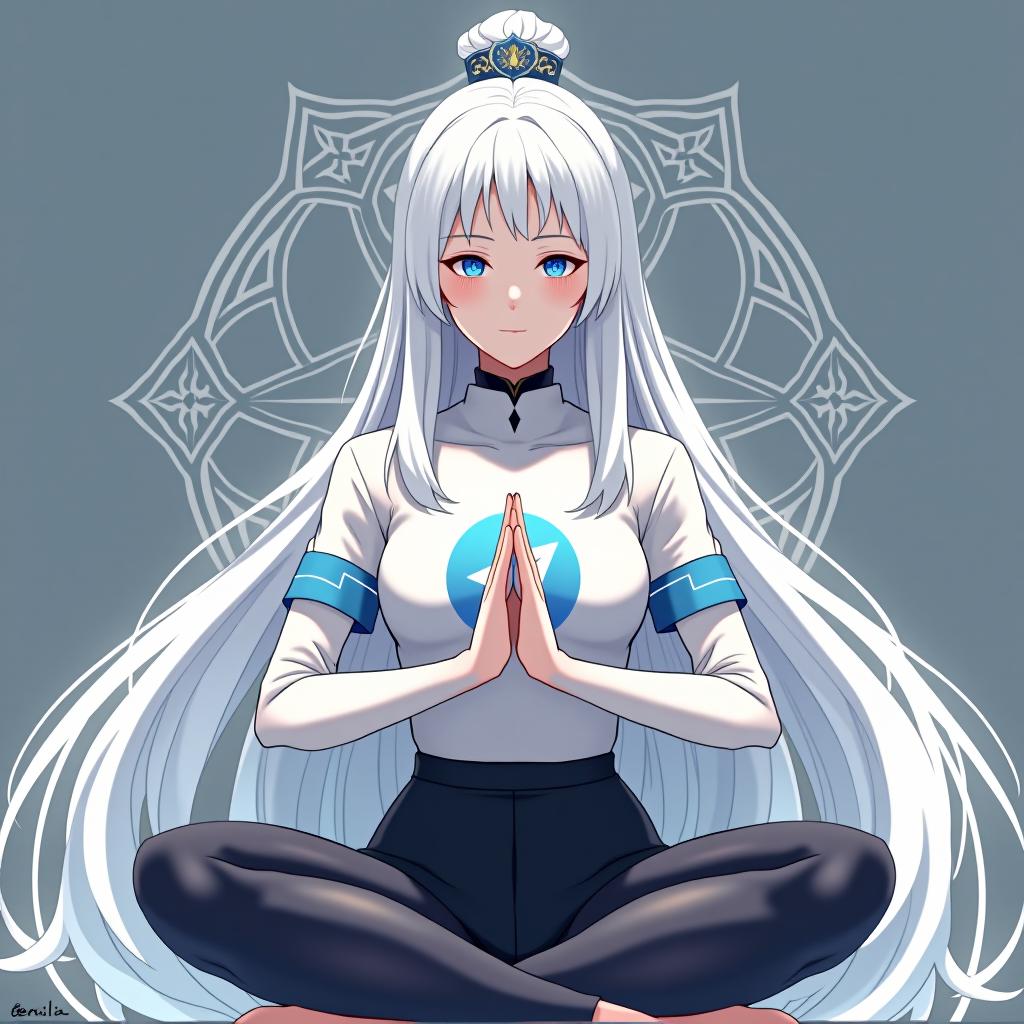  generate an ai image of a character inspired by emilia from re:zero starting life in another world the frozen bond. the character should have long white hair, an elegant and graceful look, and be wearing a shirt featuring the telegram logo. she should be depicted in a traditional indian namaste pose, radiating serenity and peace. keep the background minimalistic, and include the text 'emilia' in a stylish font near the character.