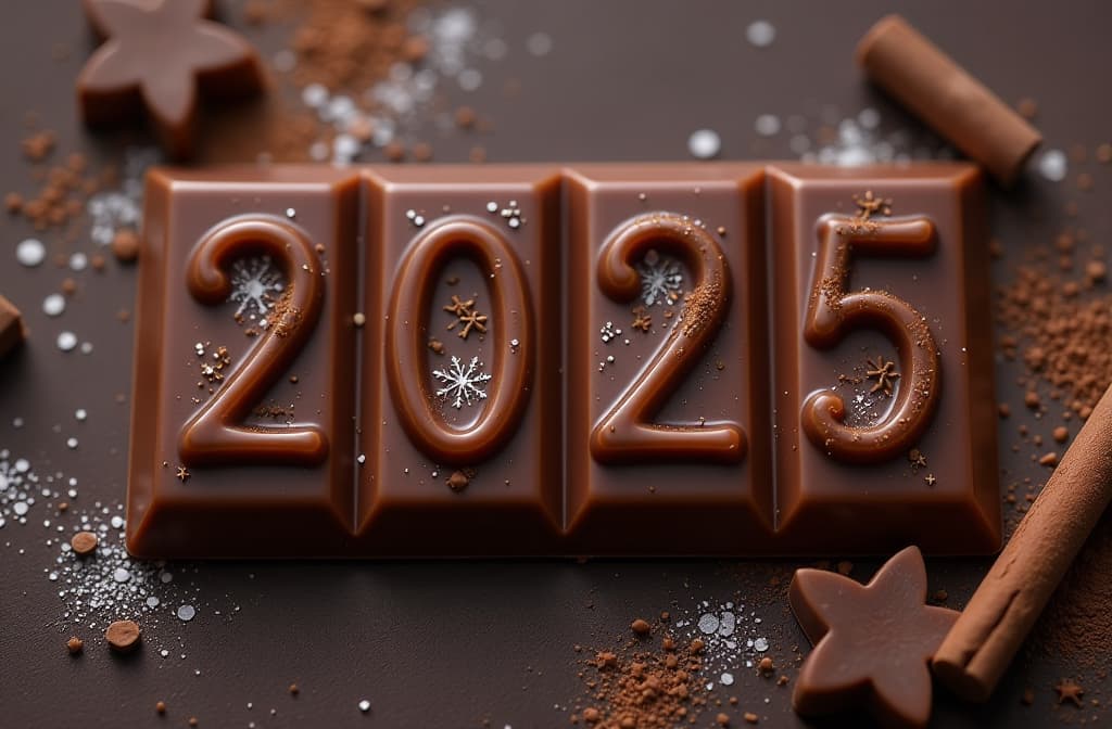  top view of a chocolate bar, the letters "2025" are written in beautiful cursive on the chocolate bar, beautiful new year patterns on the chocolate bar, imitating frost patterns on the windows, delicious, beautiful, expensive and elegant, beautiful cinnamon color of expensive chocolate, , (natural skin texture), highly detailed face, depth of field, hyperrealism, soft light, muted colors