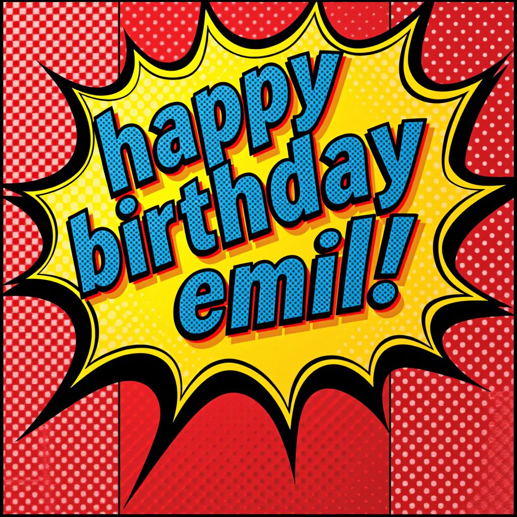  pop art comic book panel with halftone dots and bold outlines, featuring "happy birthday emil!" in classic comic book lettering hyperrealistic, full body, detailed clothing, highly detailed, cinematic lighting, stunningly beautiful, intricate, sharp focus, f/1. 8, 85mm, (centered image composition), (professionally color graded), ((bright soft diffused light)), volumetric fog, trending on instagram, trending on tumblr, HDR 4K, 8K