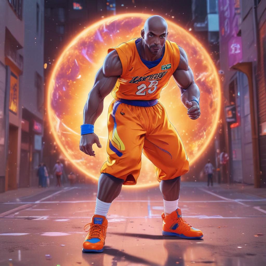 distance-shot, flashy, full-body, dynamic, holographic, animated cartoon poster of kobe scene in the style of dragon ball super