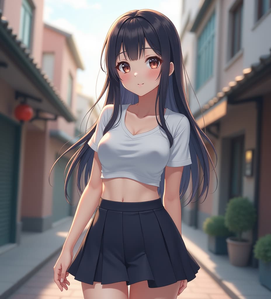  a japanese girl in crop top and short skirt, high quality, high details, hd, perfect composition, 4k epic detailed, highly detailed, sharp focus, high resolution