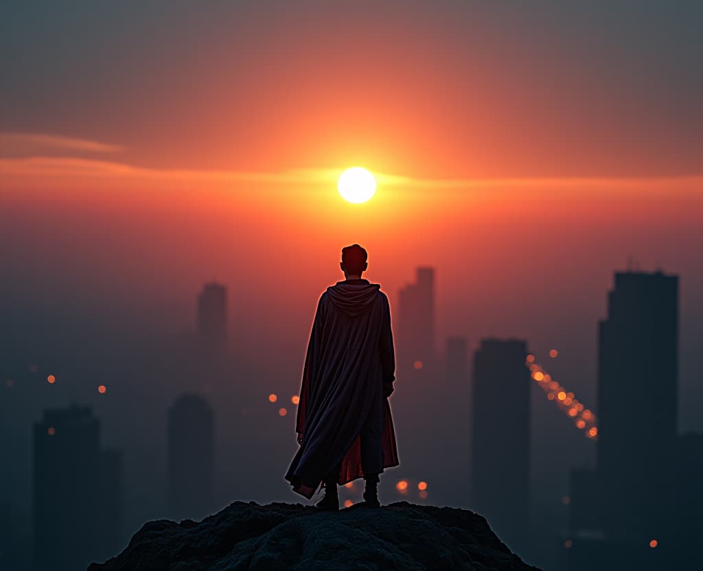  kaleidoscopic sunset, dystopian style, post apocalyptic city view, highly dramatic detailed hyperrealistic, full body, detailed clothing, highly detailed, cinematic lighting, stunningly beautiful, intricate, sharp focus, f/1. 8, 85mm, (centered image composition), (professionally color graded), ((bright soft diffused light)), volumetric fog, trending on instagram, trending on tumblr, HDR 4K, 8K