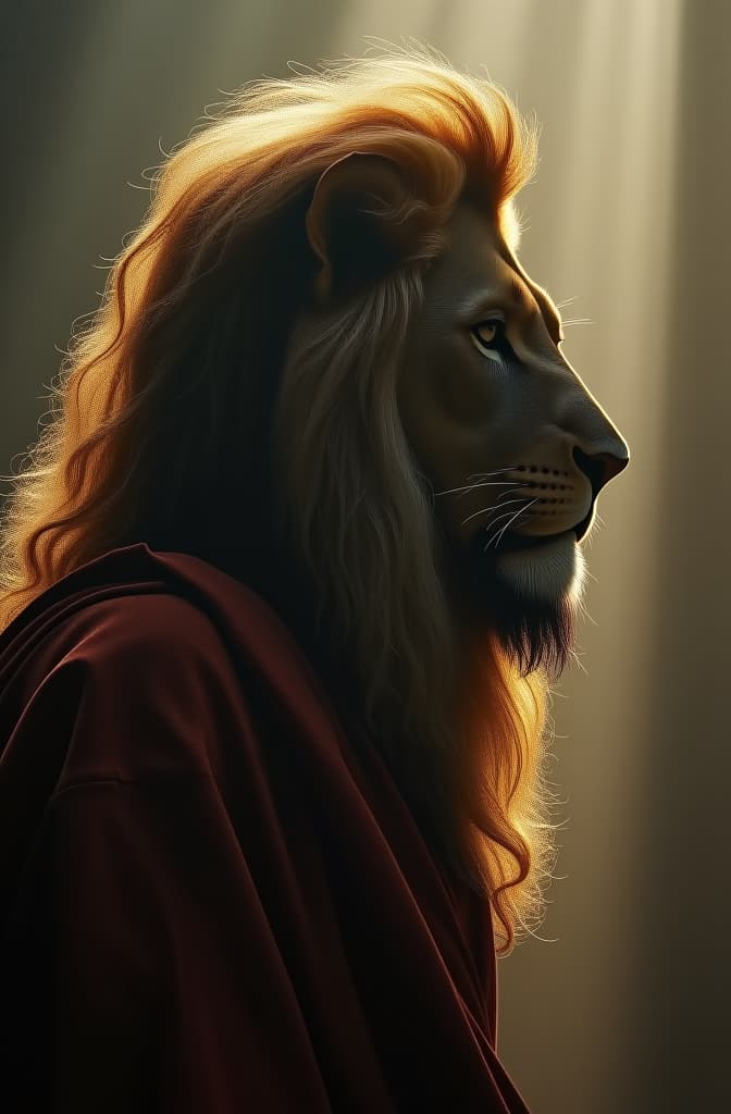  jesus and lion side by side, jesus in shadow hyperrealistic, full body, detailed clothing, highly detailed, cinematic lighting, stunningly beautiful, intricate, sharp focus, f/1. 8, 85mm, (centered image composition), (professionally color graded), ((bright soft diffused light)), volumetric fog, trending on instagram, trending on tumblr, HDR 4K, 8K