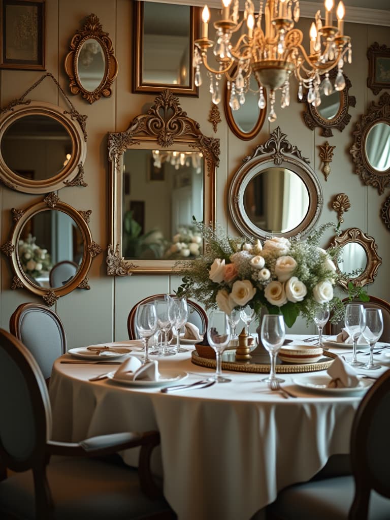  high quality portrait photo of an elegant farmhouse dining room with a wall covered in distressed antique mirrors of various sizes and shapes, reflecting soft chandelier light, photographed from the table's end hyperrealistic, full body, detailed clothing, highly detailed, cinematic lighting, stunningly beautiful, intricate, sharp focus, f/1. 8, 85mm, (centered image composition), (professionally color graded), ((bright soft diffused light)), volumetric fog, trending on instagram, trending on tumblr, HDR 4K, 8K