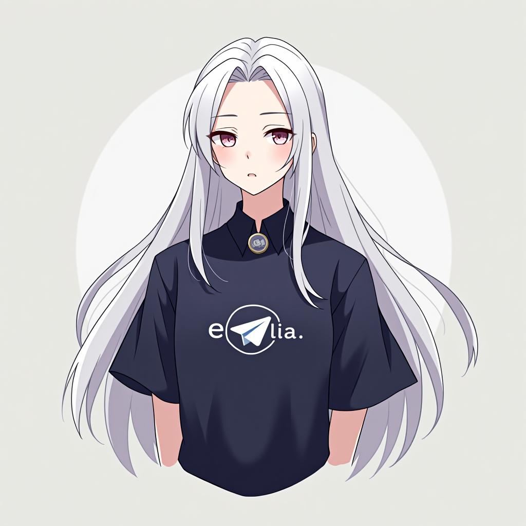  create an image of a character inspired by emilia from re:zero, featuring long white hair and an elegant appearance. the character should be wearing a shirt with the telegram logo, embodying peace and serenity. the design should be simple with a minimalistic background, and include the name 'emilia' in a stylish font