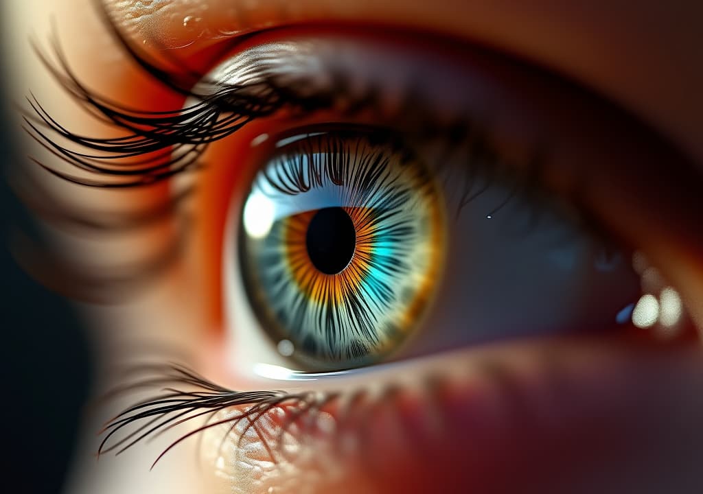  a close up of an eye with intricate patterns and symbols reflected in the iris, surrounded by vibrant colors of nature, emphasizing clarity and depth. soft, glowing light enhances the eye's features, evoking health and vitality. hyperrealistic, full body, detailed clothing, highly detailed, cinematic lighting, stunningly beautiful, intricate, sharp focus, f/1. 8, 85mm, (centered image composition), (professionally color graded), ((bright soft diffused light)), volumetric fog, trending on instagram, trending on tumblr, HDR 4K, 8K