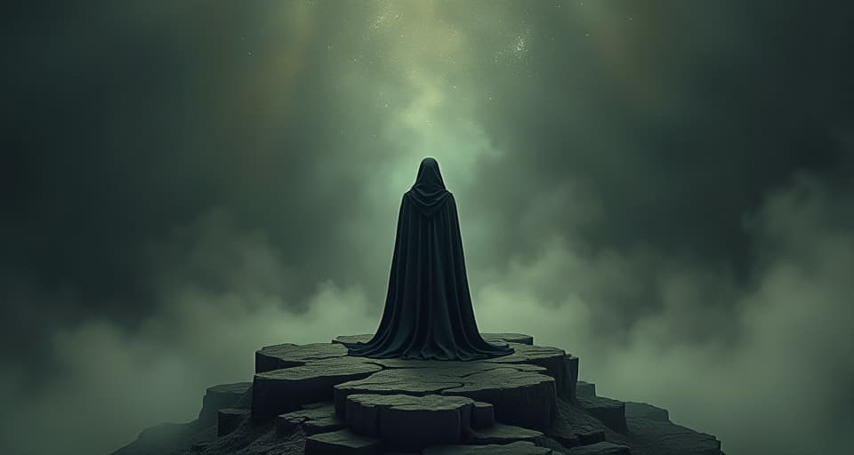  a shadowy figure clad in ancient robes, standing at the precipice of time, dark void stretching infinitely in front of them, ethereal mist swirling around, isolated, mysterious. an illustration in the style of a worn, mystical old tarot trump card, mysterious and elements of surrealism. the colors are muted, somber and eerie, but with contrast bring out an occult and esoteric vibe.