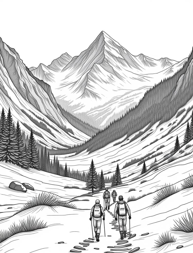  this is for an adult coloring page. a detailed black and white line art of a snowy snow covered valley with a group of hikers walking on a solid white background.