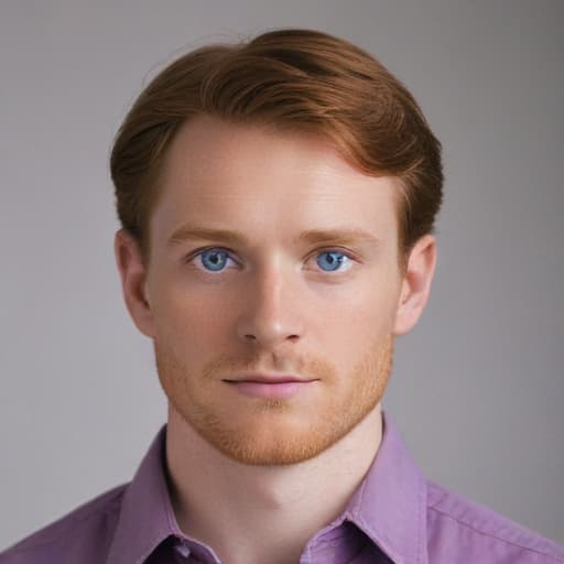 portrait of a man of twenty-five, without a beard, with blue eyes, straight nose, shoulder-length red hair, wearing a purple shirt