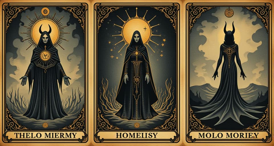  deliberately placed symbols hidden in modern designs, echoing ancient truths, mystical, haunting. an illustration in the style of a worn, mystical old tarot trump card, mysterious and elements of surrealism. the colors are muted, somber and eerie, but with contrast bring out an occult and esoteric vibe.