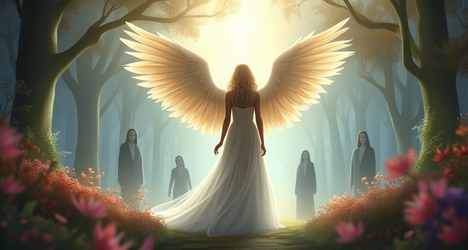  an ethereal angel with wings of light, standing tall in a radiant garden. around her, shadowy figures melt away into the background, signifying defeated challenges. divine presence, glowing flora, an aura of victory.. the style is digital art illustration,highly detailed, whimsical,magical, dreamlike atmosphere, realism and fantasy blend, smooth, glossy textures,luminous quality, wonder and enchantment.