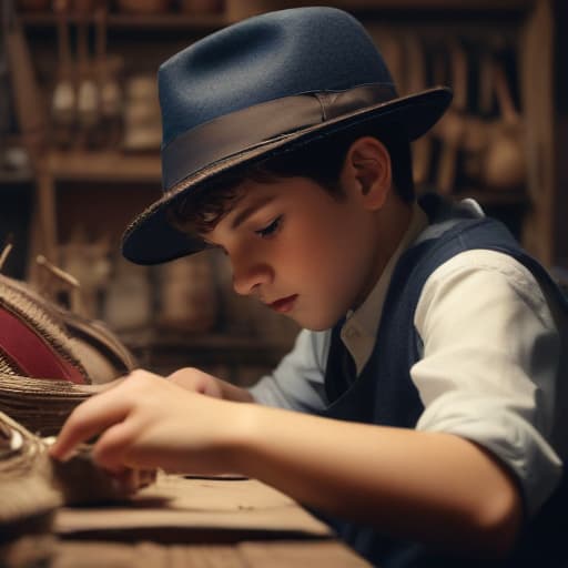 French 10 year old boy working on hats in Cinematic style