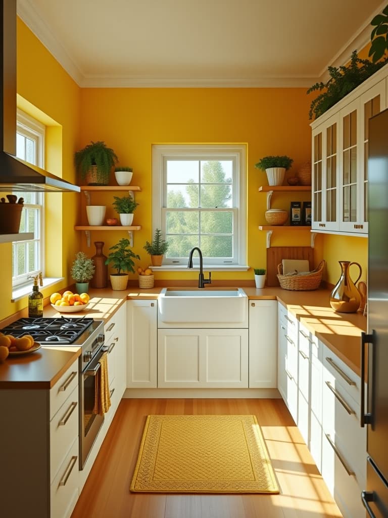  high quality portrait photo of a vibrant kitchen with sunny yellow walls, crisp white cabinets, and pops of greenery, shot from above to showcase the cheerful color palette hyperrealistic, full body, detailed clothing, highly detailed, cinematic lighting, stunningly beautiful, intricate, sharp focus, f/1. 8, 85mm, (centered image composition), (professionally color graded), ((bright soft diffused light)), volumetric fog, trending on instagram, trending on tumblr, HDR 4K, 8K