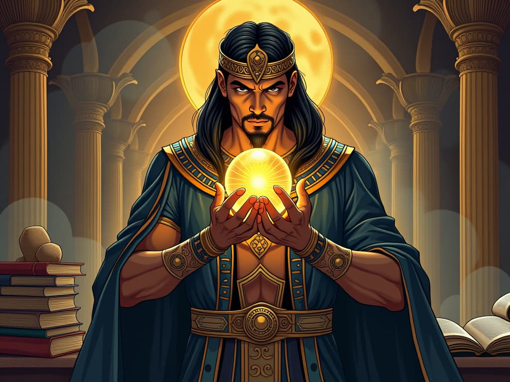  melampus holding a crystal ball, gazing into it with intensity, surrounded by ancient books and scrolls, radiating wisdom. the style is digital art illustration / modern comic book / mysterious occult, symbolic, esoteric vibe,high detail on character design, incorporating ancient egyptian symbology and attire.