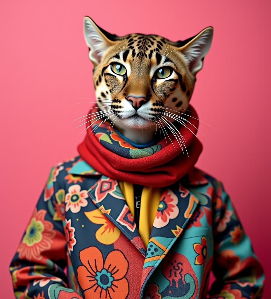  elegant panter wearing colorful clothes on a pink background,