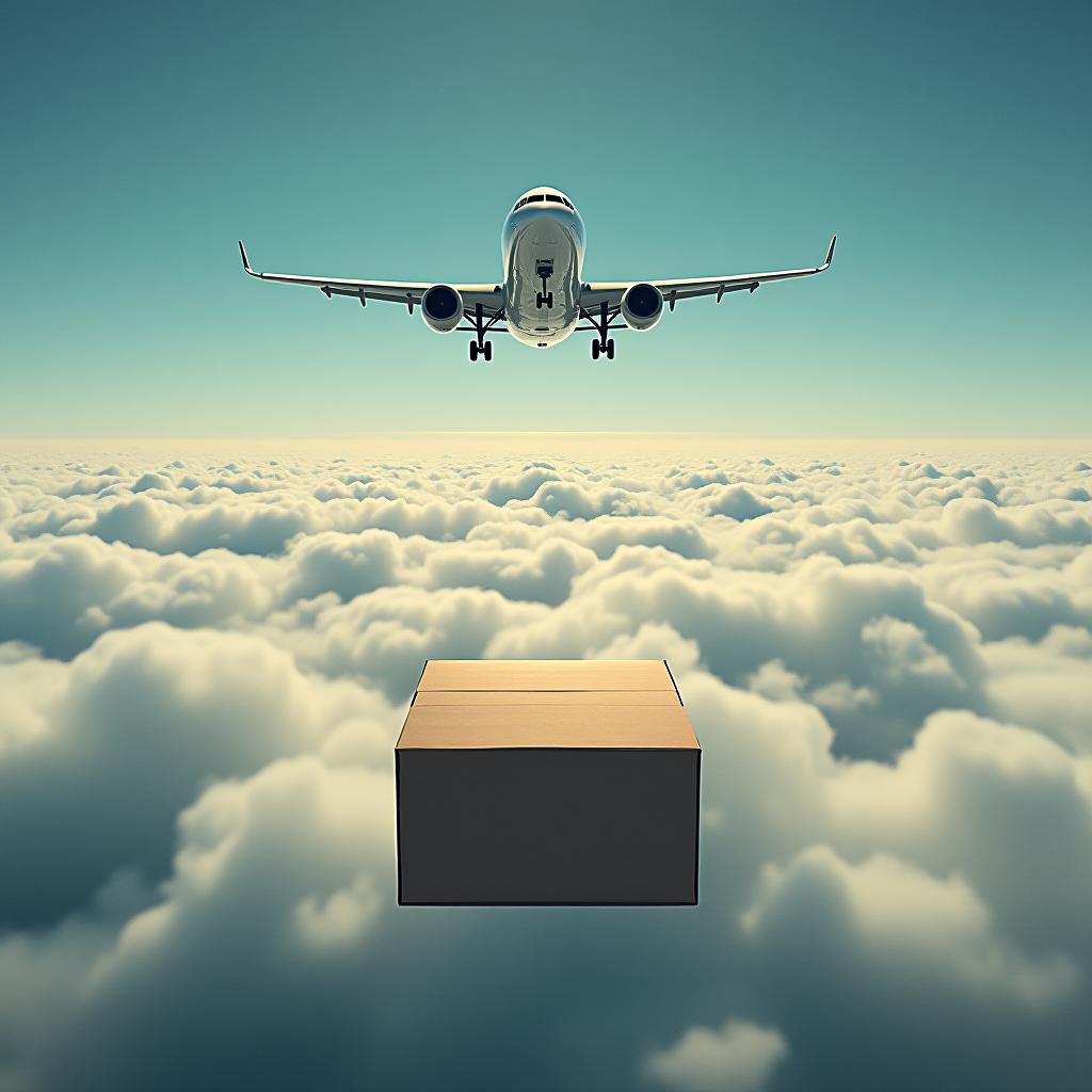  the airplane is flying above the clouds, and below there is a large box.