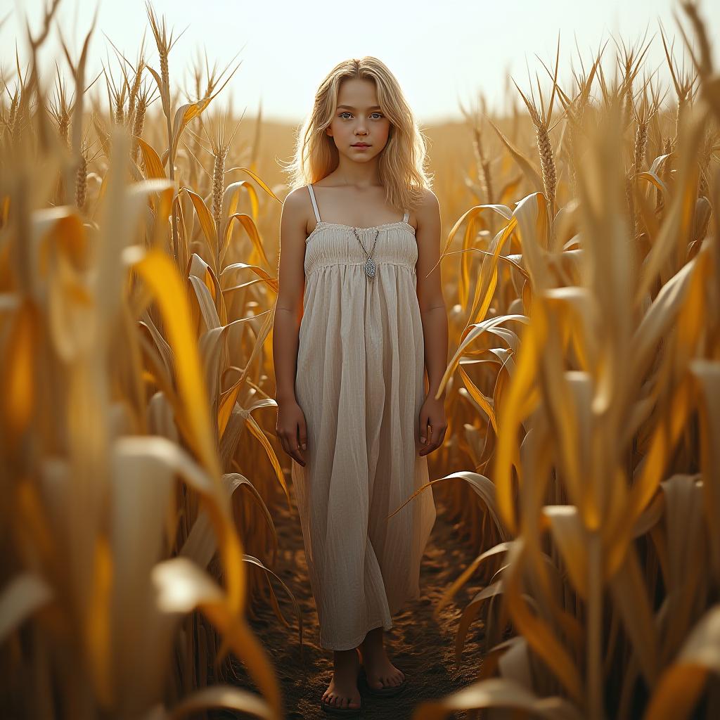  , blonde hair, age 16, full body view, you can see and feet, , , skin, cloth, standing in corn field, string ,, high quality, high details, hd, perfect composition, 4k epic detailed, highly detailed, sharp focus, high resolution