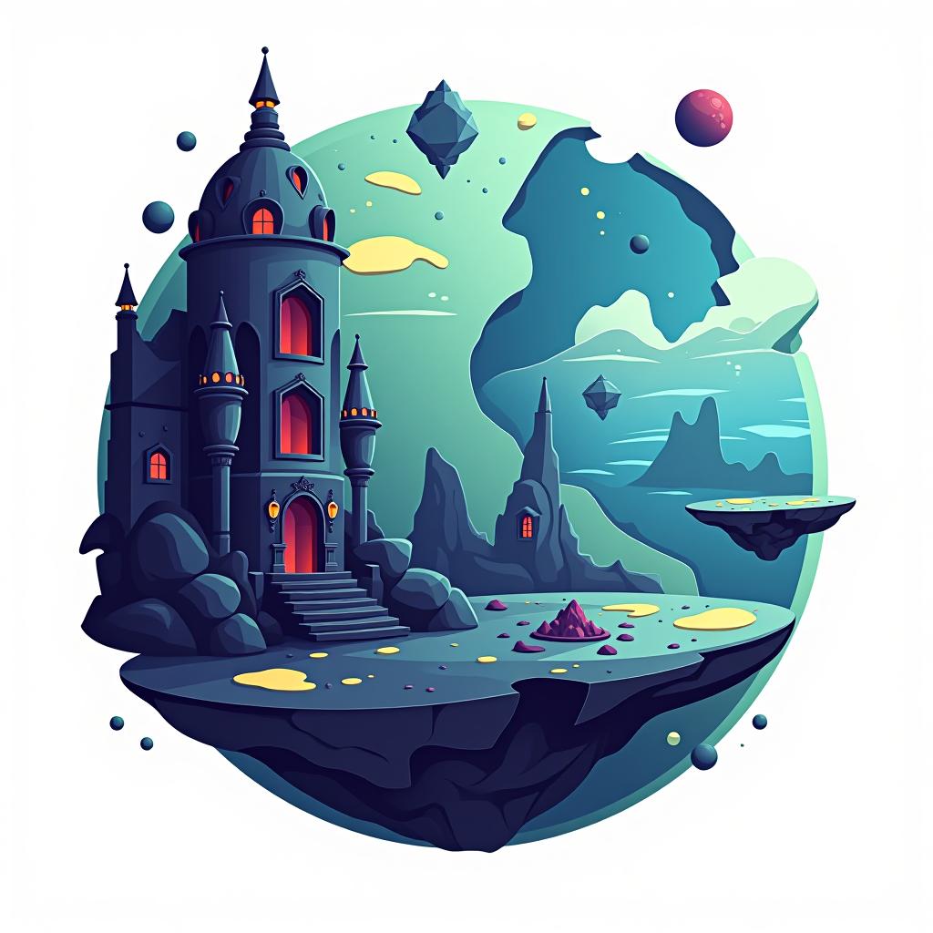  white background. left side: a simple vector graphic showing a hyper realistic alien planet's front view, featuring mysterious structures, bioluminescent patches, and sections of the planet split into floating fragments with glowing edges. unique architectural forms, and floating planetary fragments. elements adding a dynamic, otherworldly feel. cartoon and disney style.