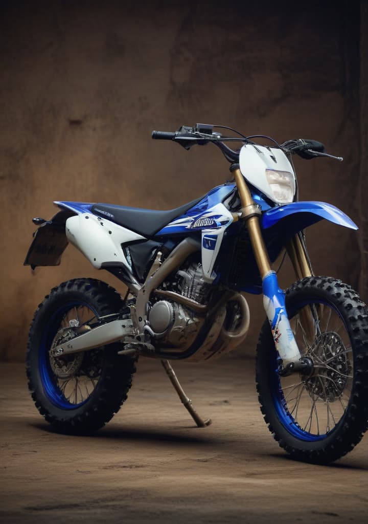 una moto Yamaha tipo Cross como si mi pantalla fuera una cochera highly detailed,studio lighting,professional,vivid colors, cinematic lighting, HDR, UHD, 4K, 8k, 64K