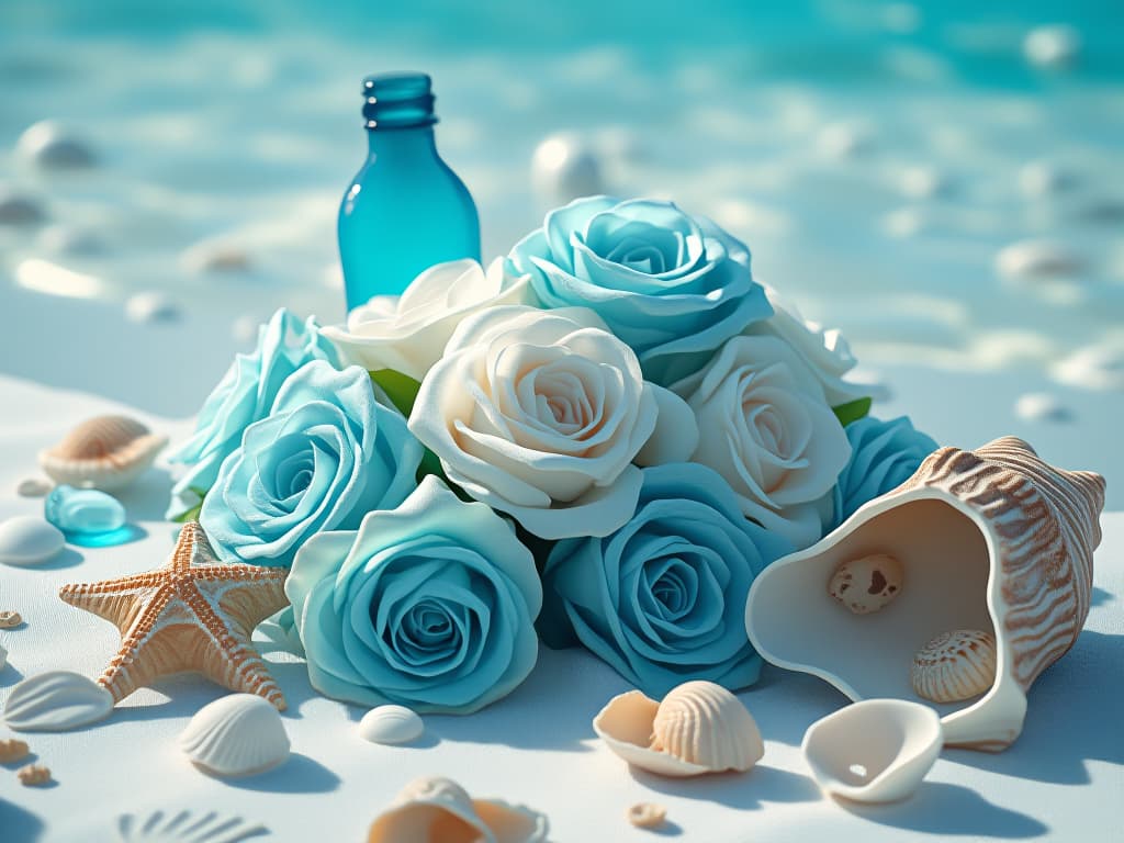  light blue themed manga, realistic style,the foreground of the image focuses on a cluster of white and blue roses next to scattered seashells, a starfish and a conch, with clear blue bottles stuck on the ground,clear lines on the screen,cinematography,hd,4k —ar 3:4 —v 6.1 firooze hyperrealistic, full body, detailed clothing, highly detailed, cinematic lighting, stunningly beautiful, intricate, sharp focus, f/1. 8, 85mm, (centered image composition), (professionally color graded), ((bright soft diffused light)), volumetric fog, trending on instagram, trending on tumblr, HDR 4K, 8K