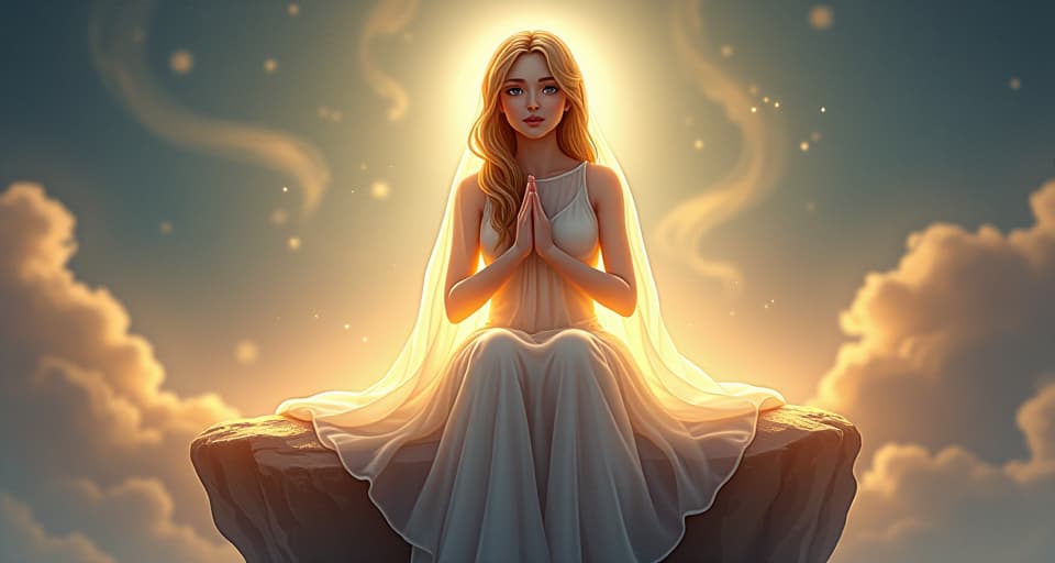  mystical being in translucent attire, sitting on a celestial rock, hands over heart, light swirling around, atmosphere of silent prayer. the style is digital art illustration,highly detailed, whimsical,magical, dreamlike atmosphere, realism and fantasy blend, smooth, glossy textures,luminous quality, wonder and enchantment.