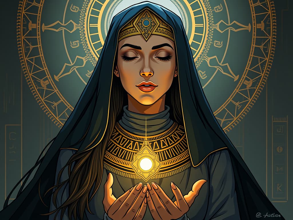  hildegard of bingen with a serene expression, healing others with her knowledge, a sense of profound interconnectedness. the style is digital art illustration / modern comic book / mysterious occult, symbolic, esoteric vibe,high detail on character design, incorporating ancient egyptian symbology and attire.