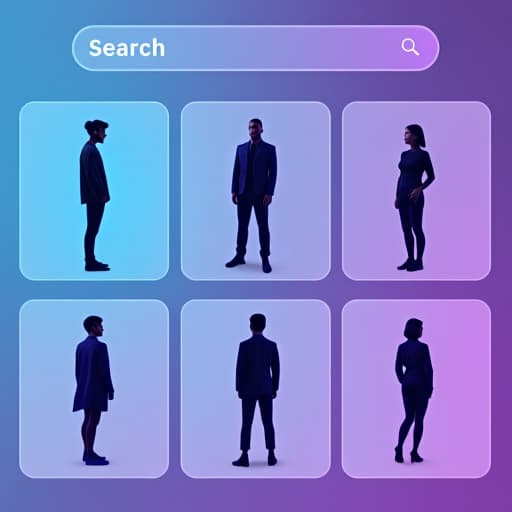  design a modern, ai themed user interface for a pose selection tool with the following elements: overall theme: sleek, futuristic, and minimalist design with a focus on smooth lines, gradients, and subtle animations. search bar: style: use a sleek, rounded search bar at the top with a soft gradient background (e.g., light blue to purple). icons: include a magnifying glass icon for the search function and an 'import' icon, both in a clean, minimalist style with a slight glow effect to emphasize ai functionality. search results section: background: display search result boxes with a glassmorphism effect (frosted glass look) and soft shadows. use rounded corners for a modern feel. selected pose highlight: the selected pose should be highli hyperrealistic, full body, detailed clothing, highly detailed, cinematic lighting, stunningly beautiful, intricate, sharp focus, f/1. 8, 85mm, (centered image composition), (professionally color graded), ((bright soft diffused light)), volumetric fog, trending on instagram, trending on tumblr, HDR 4K, 8K