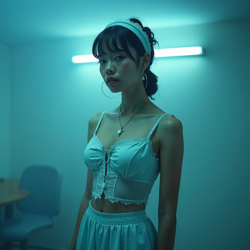  a retro style photo studio in light blue shades. hyperrealistic, full body, detailed clothing, highly detailed, cinematic lighting, stunningly beautiful, intricate, sharp focus, f/1. 8, 85mm, (centered image composition), (professionally color graded), ((bright soft diffused light)), volumetric fog, trending on instagram, trending on tumblr, HDR 4K, 8K