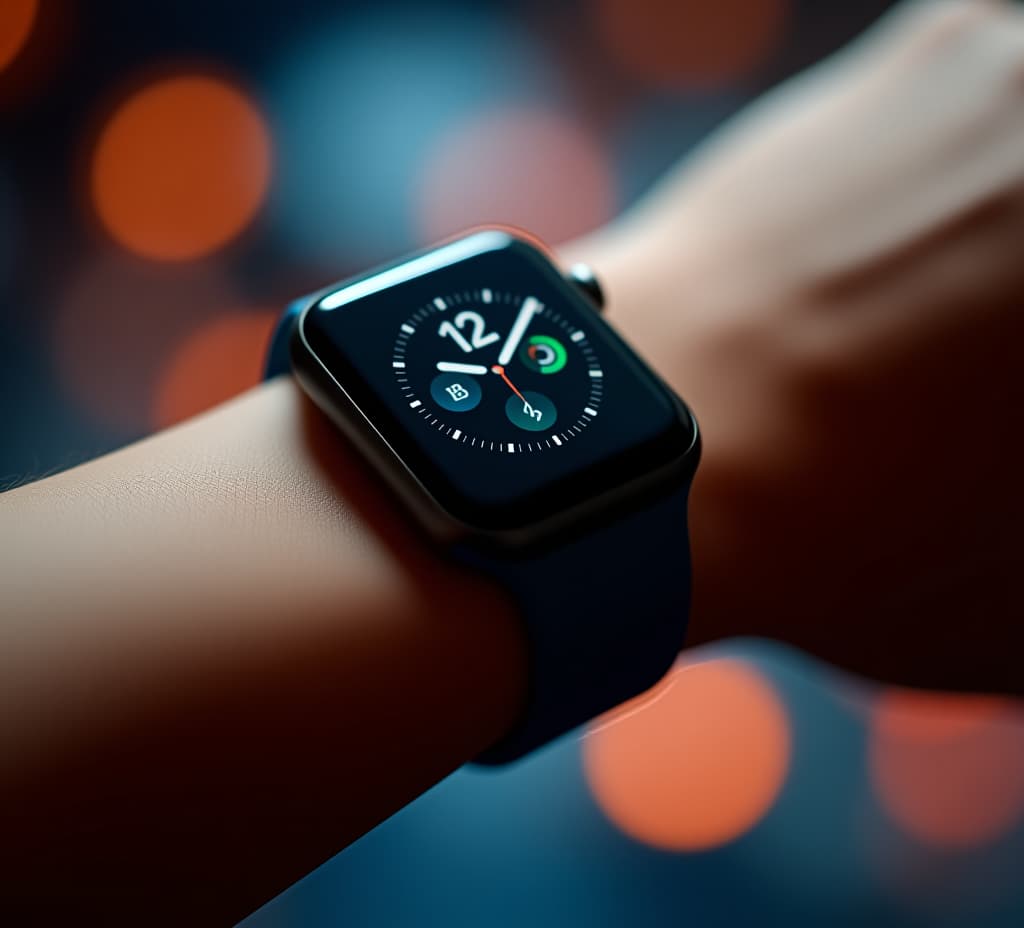  apple watch series 7 on wrist with blue and orange bokeh background