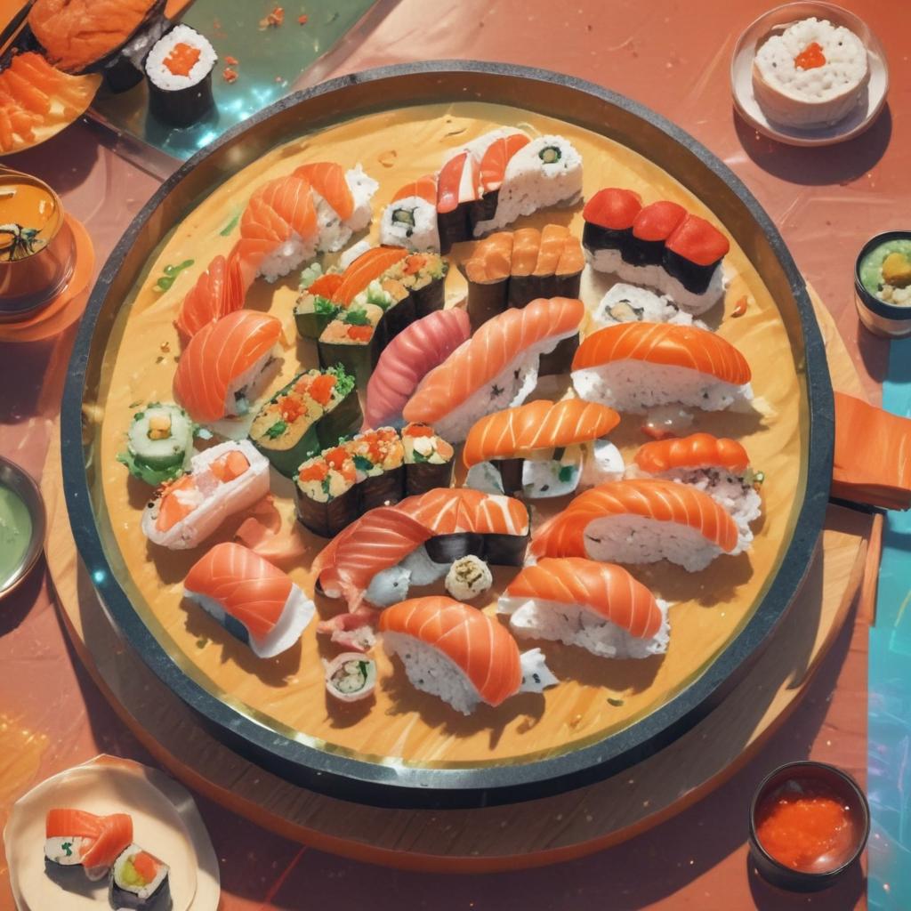 distance-shot, flashy, full-body, dynamic, holographic, animated cartoon poster of sushi scene in the style of dragon ball super