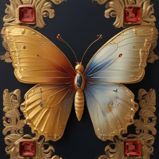 The family crest features a prominent butterfly motif symbolizing transformation, growth, and prosperity. The intricate design showcases the butterfly's delicate wings spanning wide, signifying the family's reach and influence in the trading world. However, amidst the beauty of the butterfly, there are subtle hints of chains or shackles intertwined with the design, representing the exploitation of workers in their pursuit of wealth and success. The colors used are rich and opulent, reflecting the family's prosperity and high status in the trading business. The background may consist of gold, symbolizing wealth and abundance, while the butterfly itself is adorned with vibrant hues to convey a sense of elegance and sophistication. Overall, 