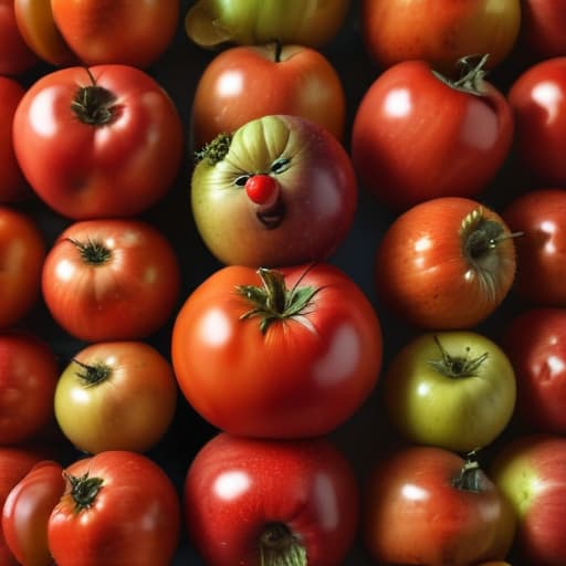 A mischievous tomato hiding among a cluster of abstract, colorful apples.