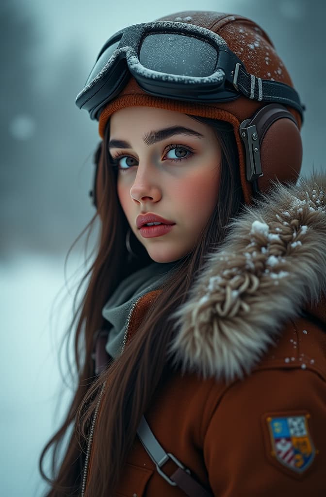  a beautiful brunette pilot girl, beautiful, moody lighting, best quality, full body portrait, real picture, intricate details, depth of field, in a cold snowstorm, , fujifilm xt3, outdoors, bright day, beautiful lighting, raw photo, 8k uhd, film grain, unreal engine 5, ray travig, high quality high detail painting by leonardo da vinci, hd, photorealistic lighting, style leonardo da vinci hyperrealistic, full body, detailed clothing, highly detailed, cinematic lighting, stunningly beautiful, intricate, sharp focus, f/1. 8, 85mm, (centered image composition), (professionally color graded), ((bright soft diffused light)), volumetric fog, trending on instagram, trending on tumblr, HDR 4K, 8K