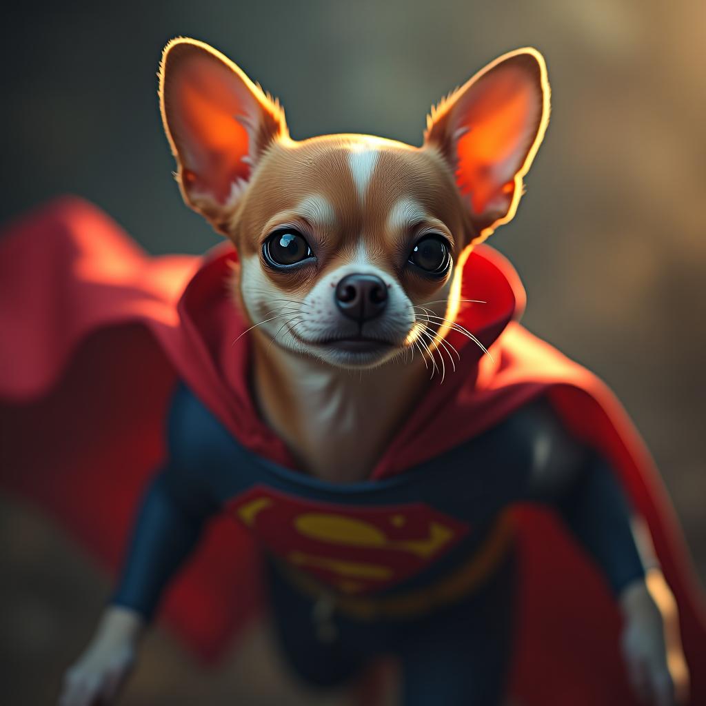  chihuahua as a super hero fighting villains hyperrealistic, full body, detailed clothing, highly detailed, cinematic lighting, stunningly beautiful, intricate, sharp focus, f/1. 8, 85mm, (centered image composition), (professionally color graded), ((bright soft diffused light)), volumetric fog, trending on instagram, trending on tumblr, HDR 4K, 8K